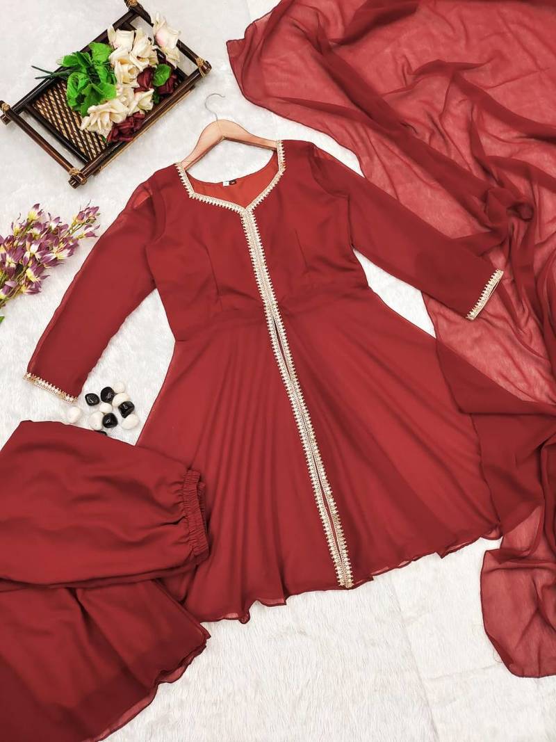 Georgette Fabric Kurta sharara with dupatta set,Golden lace work suit set