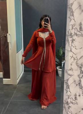 Georgette Fabric Kurta sharara with dupatta set,Golden lace work suit set 4