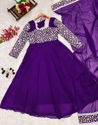 Women's Georgette Hand Thread work full flared anarkali gown with dupatta set 3