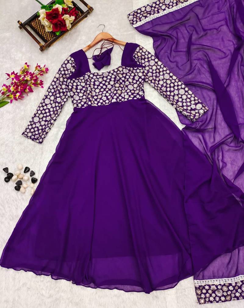 Women's Georgette Hand Thread work full flared anarkali gown with dupatta set