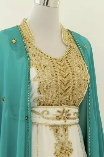 Turquoise and White Partywear Kaftan Dress