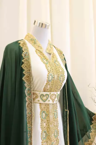 Green & White Kaftan Handcrafted Georgette Work Party Wear Dresses