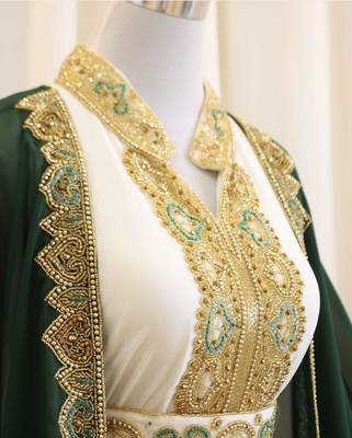 Green & White Kaftan Handcrafted Georgette Work Party Wear Dresses 3