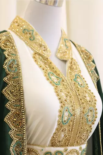 Green & White Kaftan Handcrafted Georgette Work Party Wear Dresses