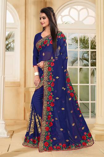 Navy Blue Multi Resham Embroidery Georgette Saree