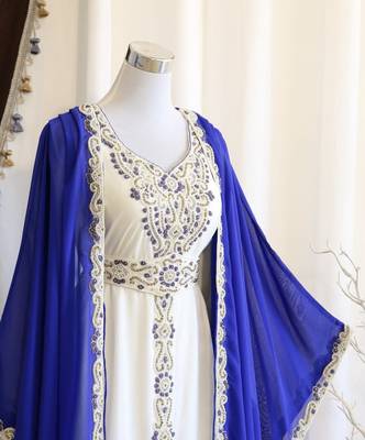 Royal-Blue & White Kaftan Handcrafted Relaxed Georgette Work Party Wear Dresses 2