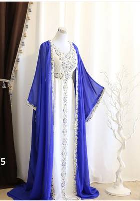 Royal-Blue & White Kaftan Handcrafted Relaxed Georgette Work Party Wear Dresses 3