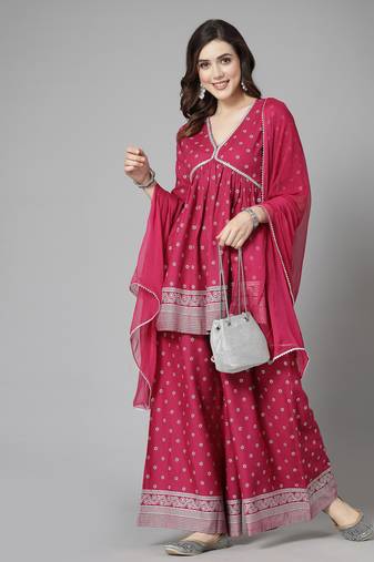 Stylum women's purple ethnic motif printed naira cut rayon kurta palazzo dupatta set
