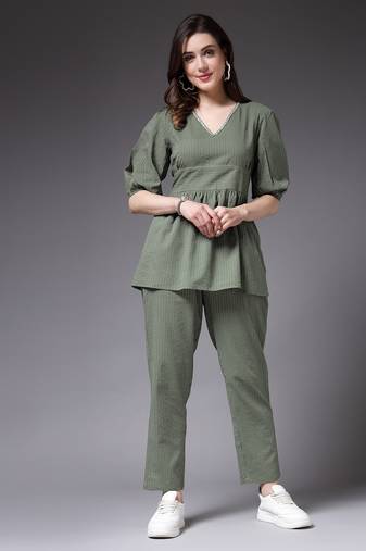 Stylum women's green self woven kantha cotton co-ord set