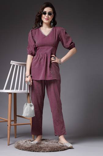 Stylum women's wine self woven kantha cotton co-ord set