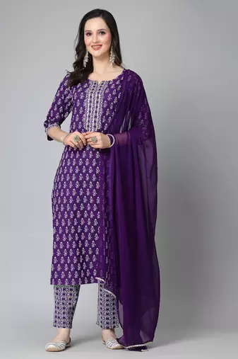 Stylum women's violet floral printed rayon kurta pant dupatta set