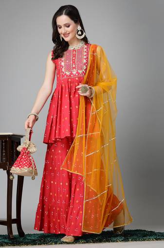 Stylum women's coral bandhej printed & embroidered rayon kurti sharara dupatta set