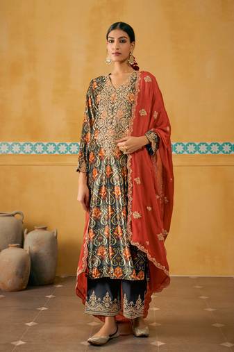 Blue Embroidered Velvet  Straight Suit Free size full stitched Up To 42" Size