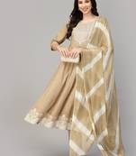 Stylum women's beige printed & embroidered cotton anarkali kurta pant dupatta set