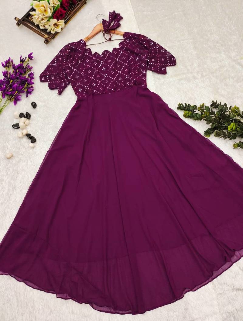 Wine Designer sequence work georgette gown for women