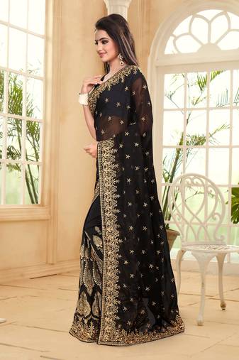 Black Multi Resham Embroidery Georgette Saree