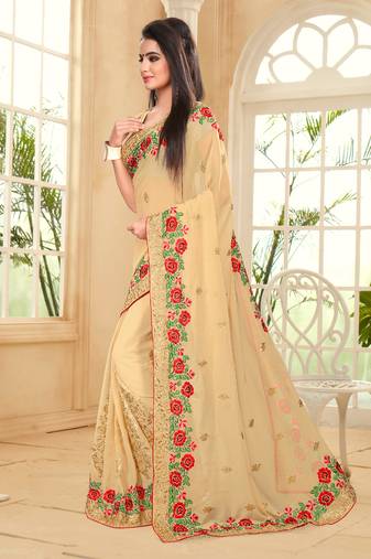 Beige Multi Resham Zari Embroidery Georgette Saree