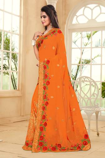 Orange Multi Resham Zari Embroidery Georgette Saree