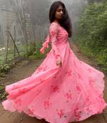 Beautiful flower print organza full flared gown with dupatta set