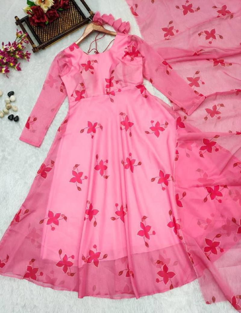 Beautiful flower print organza full flared gown with dupatta set