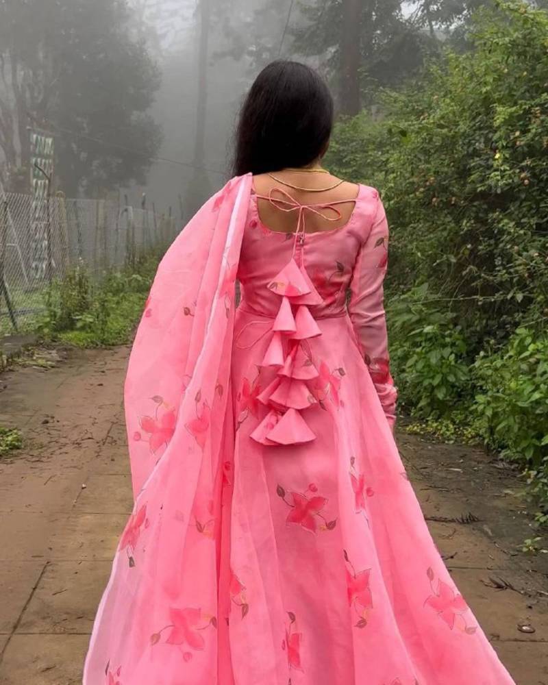 Beautiful flower print organza full flared gown with dupatta set