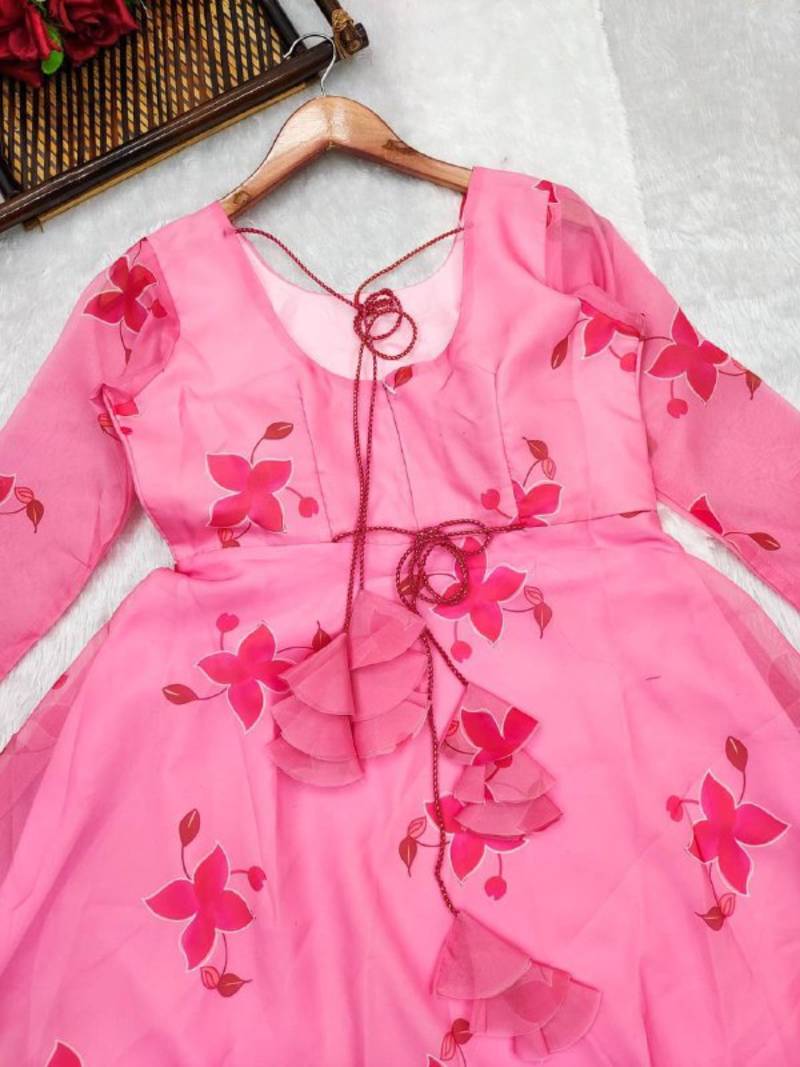 Beautiful flower print organza full flared gown with dupatta set
