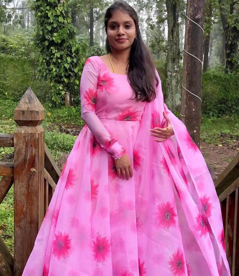 Beautiful printed organza fabric gown with dupatta set