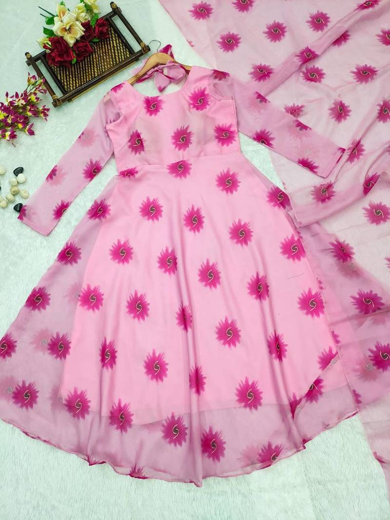 Beautiful printed organza fabric gown with dupatta set