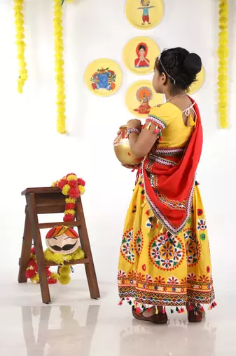 Banjara India Kutchi Emboidered Yellow Girls Chaniya Choli with Dupatta (KCC-RING) - YELLOW