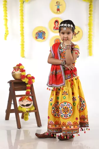 Banjara India Kutchi Emboidered Yellow Girls Chaniya Choli with Dupatta (KCC-RING) - YELLOW