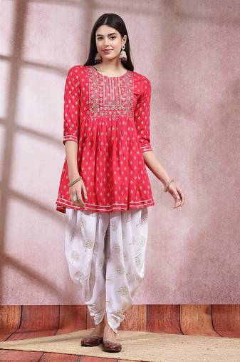 Pink Printed & Embroidered Rayon Punjabi Salwar Suit