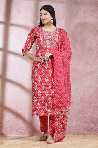 Stylum women's pink printed & embroidered rayon straight kurta pant dupatta set