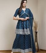 Stylum women's teal ethnic motif printed naira cut rayon kurta palazzo dupatta set