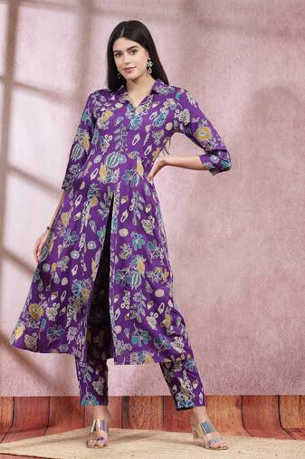 Stylum women's violet floral printed rayon a-line kurta pant set