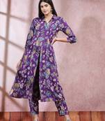 Stylum women's violet floral printed rayon a-line kurta pant set