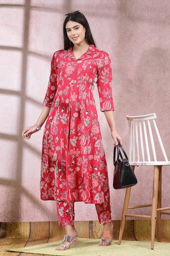 Stylum women's pink floral printed rayon a-line kurta pant set