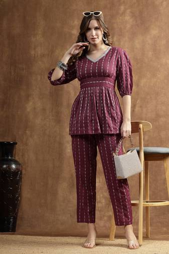 Stylum women's wine woven design cotton co-ord set
