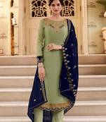 Green Embroidered Satin Georgette Semi Stitched Straight Suit Up To 42" Size