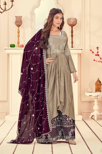 Beige Embroidered Chinnon  Anarkali Suit Free size full stitched Up To 42" Size