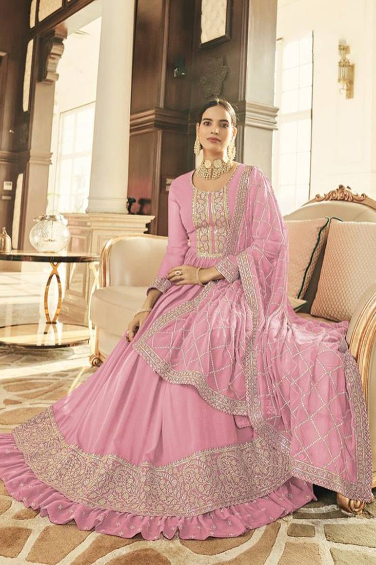 Pink Embroidered Georgette Stitched Anarkali Suit Up To 42" Size