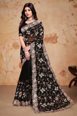 Black Heavy Zari Resham Embroidered Georgette Party Wear Saree With Blouse Piece 1