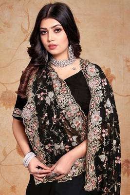 Black Heavy Zari Resham Embroidered Georgette Party Wear Saree With Blouse Piece 2