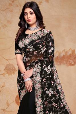 Black Heavy Zari Resham Embroidered Georgette Party Wear Saree With Blouse Piece 3