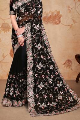 Black Heavy Zari Resham Embroidered Georgette Party Wear Saree With Blouse Piece 4