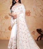 White Heavy Zari Resham Embroidered Georgette Party Wear Saree With Blouse Piece