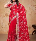 Red Heavy Zari Resham Embroidered Georgette Party Wear Saree With Blouse Piece