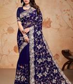 Navy Blue Heavy Zari Resham Embroidered Georgette Party Wear Saree With Blouse Piece