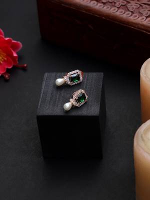 American diamond rose gold plated green stone earrings 1