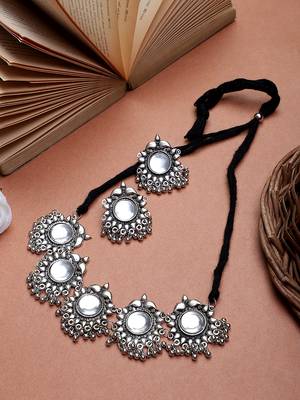 Oxidized silver color choker white stone necklace set 1