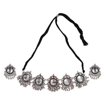 Oxidized silver color choker white stone necklace set 2